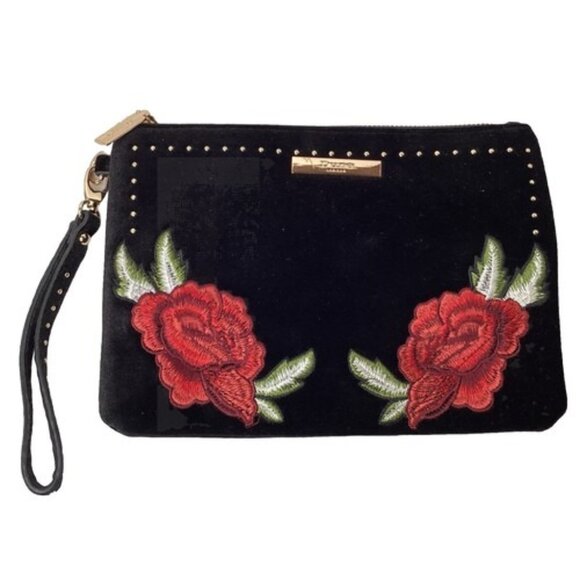 Dune London Clutch Makeup Bag Set of 2 Black Velvet Roses Vintage Gold Zipper - Picture 2 of 7